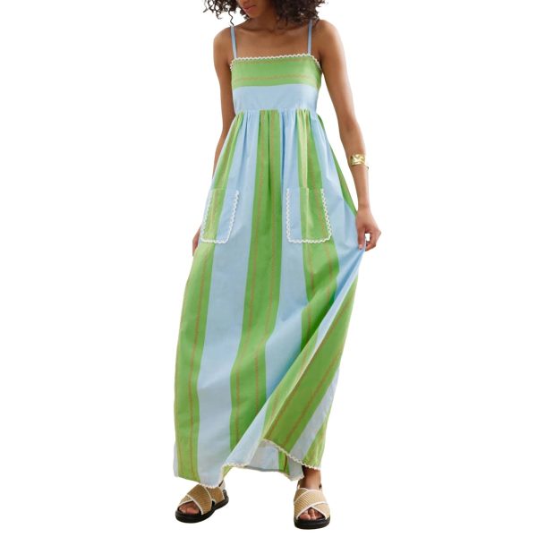Women’s Striped Long Dress Summer Sleeveless Spaghetti Strap Front Pocket Dress Flowy Beach Sundress Clubwear