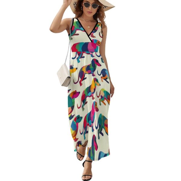 Colorful Dogs Dachshund Womens Casual Sleeveless Dress Maxi Long Beach Dress Sundress