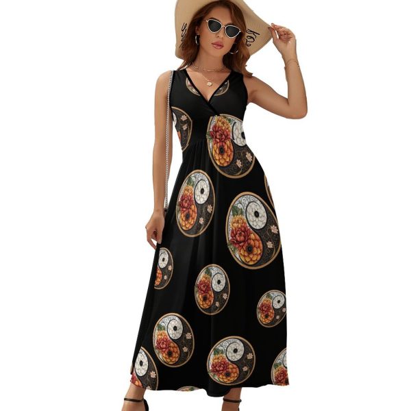 Mandala Yin Yang Flower Womens Casual Sleeveless Dress Maxi Long Beach Dress Sundress