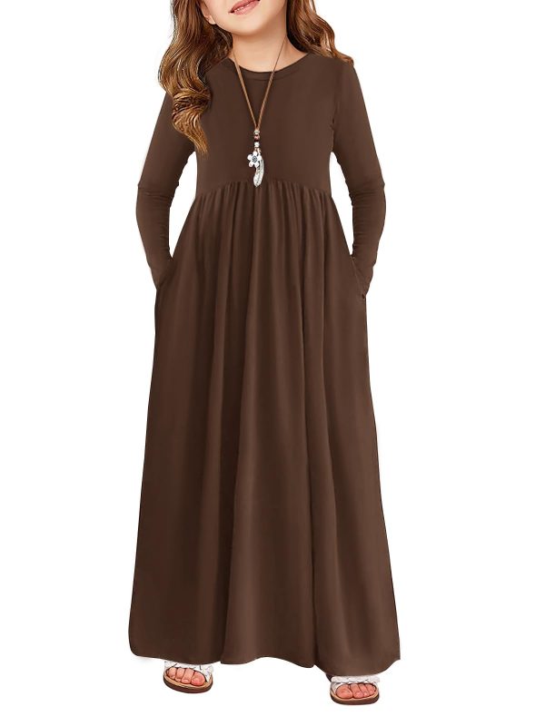 Girls Maxi Dress Long Sleeve Casual Holiday Dress with Pockets for 5-14 Years