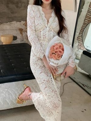 Women V Neck Long Sleeve High Waist Spliced Diamond Elegant Sexy Hollow Out Lace Slimming Dress