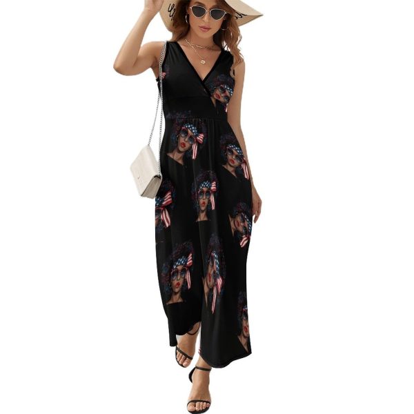 Black Women US Flag Melanin Afro 4th of July African American Womens Casual Sleeveless Dress Maxi Long Beach Dress Sundress