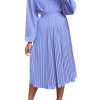 Women's Spring Midi Dress Long Puff Sleeve Wrap V Neck Flowy Ruffle Pleated Casual Fall Dresses