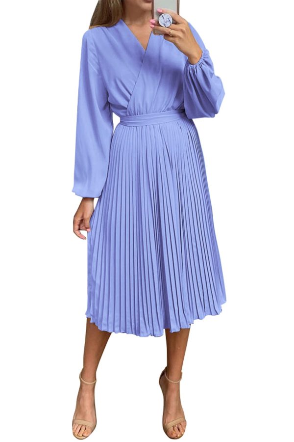 Women's Spring Midi Dress Long Puff Sleeve Wrap V Neck Flowy Ruffle Pleated Casual Fall Dresses