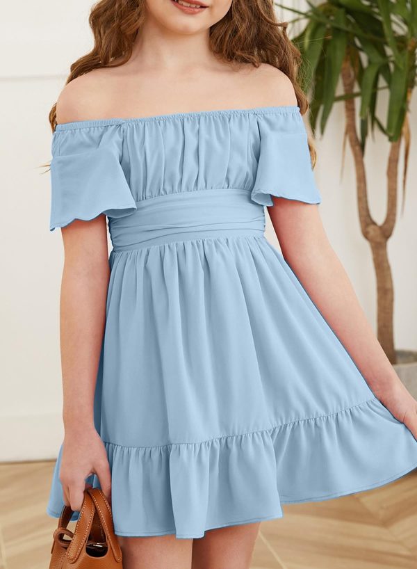 Girls Summer Tie Back Dress Tween Kids Off Shoulder Dresses Size 4-15 Years