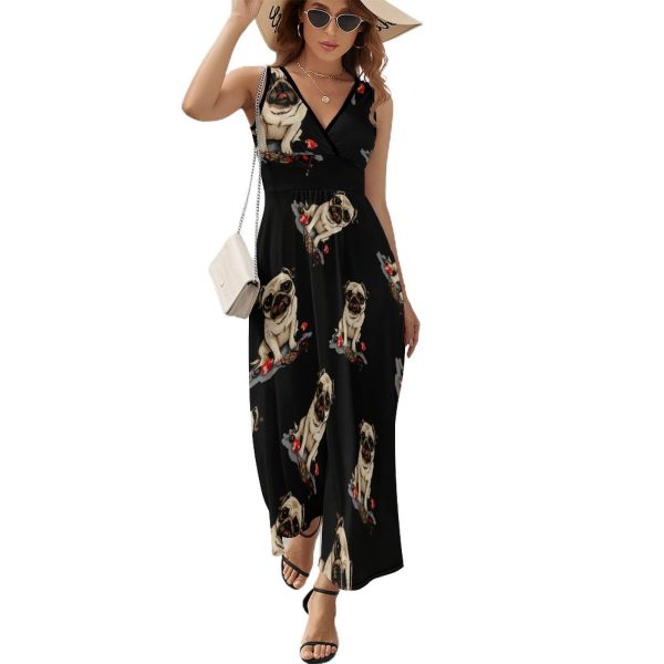 Poker Pug Lover Cute Dog Playing Cards Womens Casual Sleeveless Dress Maxi Long Beach Dress Sundress
