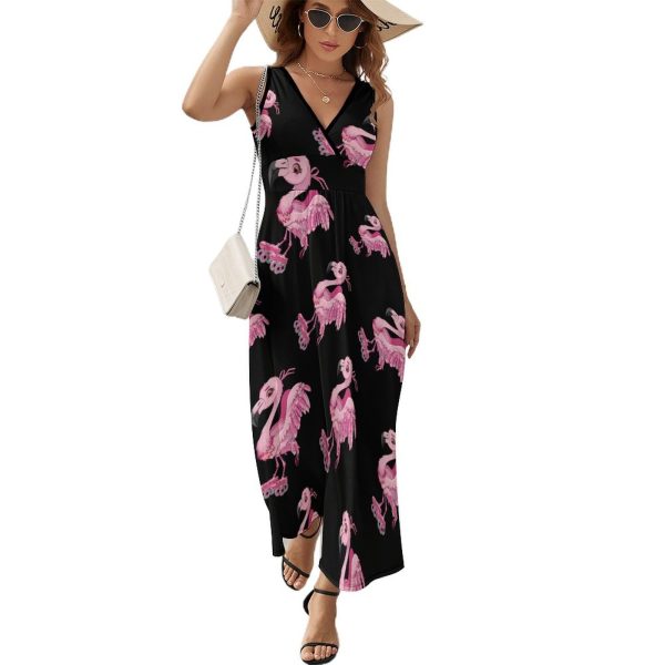 Skate Flamingo Roller Skating Womens Casual Sleeveless Dress Maxi Long Beach Dress Sundress