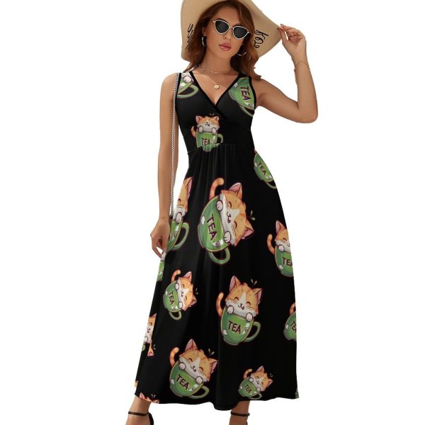 Cat Teacup Womens Casual Sleeveless Dress Maxi Long Beach Dress Sundress