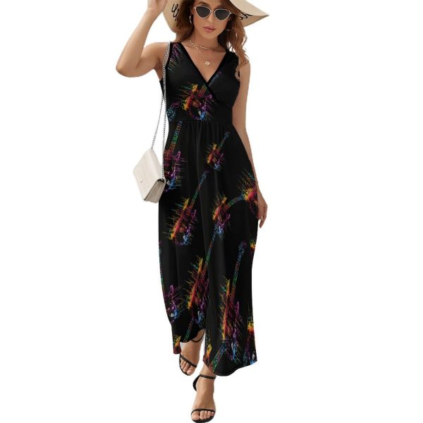 Tie Dye Guitar Heartbeat Womens Casual Sleeveless Dress Maxi Long Beach Dress Sundress
