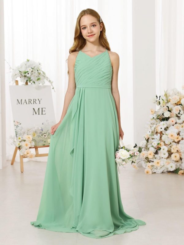 Girl's Flowing Chiffon Flower Girls Dresses Ruched Spaghetti Strap V-Neck Junior Girl Wedding Bridesmaid Dress