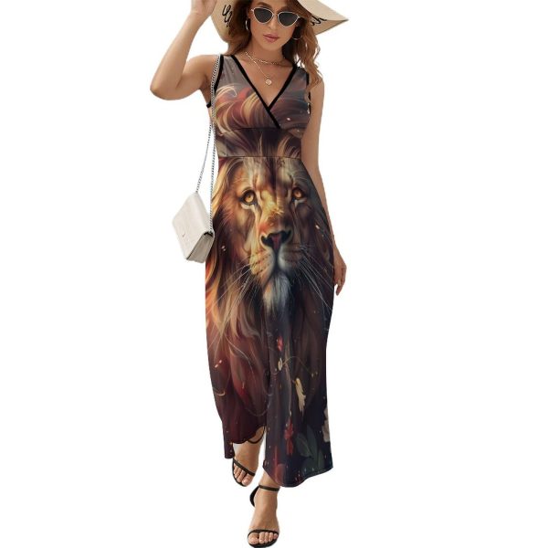 Wild Animals Lion Flowers Womens Casual Sleeveless Dress Maxi Long Beach Dress Sundress