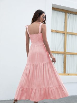 Women's Summer Boho Spaghetti Strap Square Neck Ruffle Casual Flowy Long Dress Beach Swing Party Maxi Dress