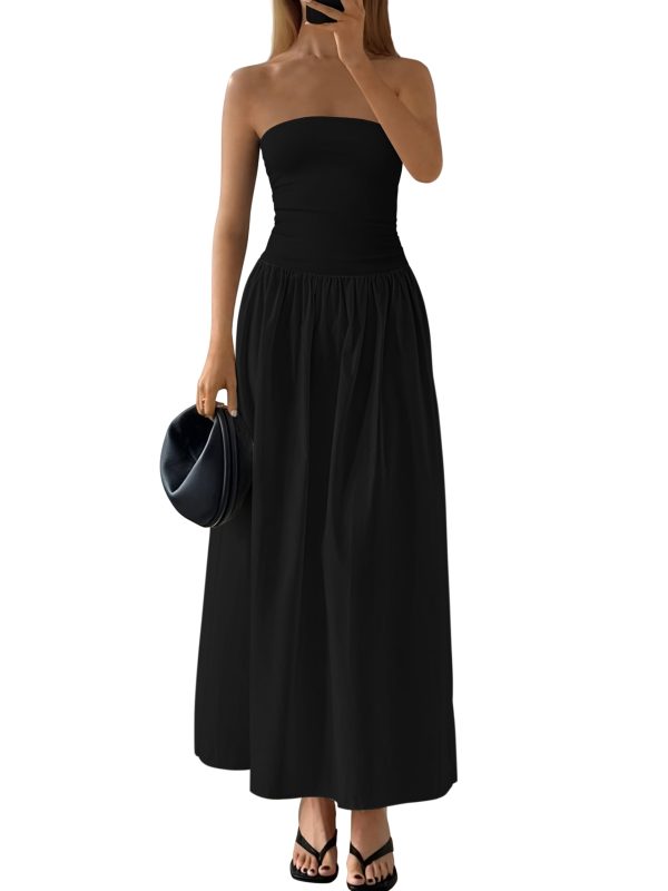 Women 2025 Summer Elegant Strapless Maxi Dress Tube Top Dress A Line Flowy Long Wedding Party Cocktail Dresses