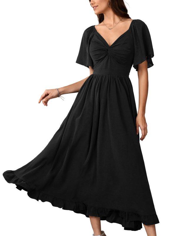 Womens Formal Wedding Guest Dress Short Sleeve V Neck Flowy A Line Elegant Cocktail Bridesmaid Long Maxi Dresses