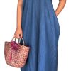 Women's Sexy Maxi Denim Dresses Casual Spaghetti Strap Striped Long Sundress Wiht Pockets