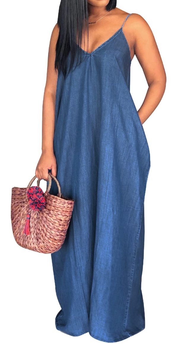 Women's Sexy Maxi Denim Dresses Casual Spaghetti Strap Striped Long Sundress Wiht Pockets