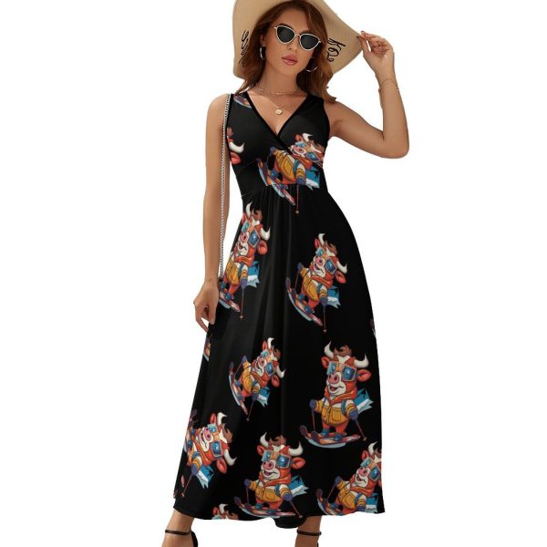 Ski Rider Cow Womens Casual Sleeveless Dress Maxi Long Beach Dress Sundress