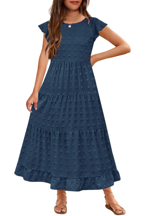 Girls Maxi Dress Ruffle Sleeve Swiss Dot A Line Tiered Flowy Casual Party Dresses with Pockets for 6-12 Y