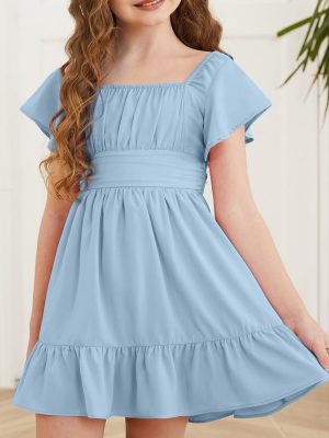 Girls Summer Tie Back Dress Tween Kids Off Shoulder Dresses Size 4-15 Years