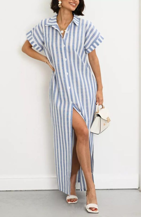 Women's Summer Short Sleeve Striped Shirt Dress Beach Maxi Long Belted Casual Button Down Dress