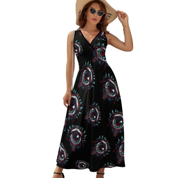 Goat Print Occult Eye Themes Devil Womens Casual Sleeveless Dress Maxi Long Beach Dress Sundress
