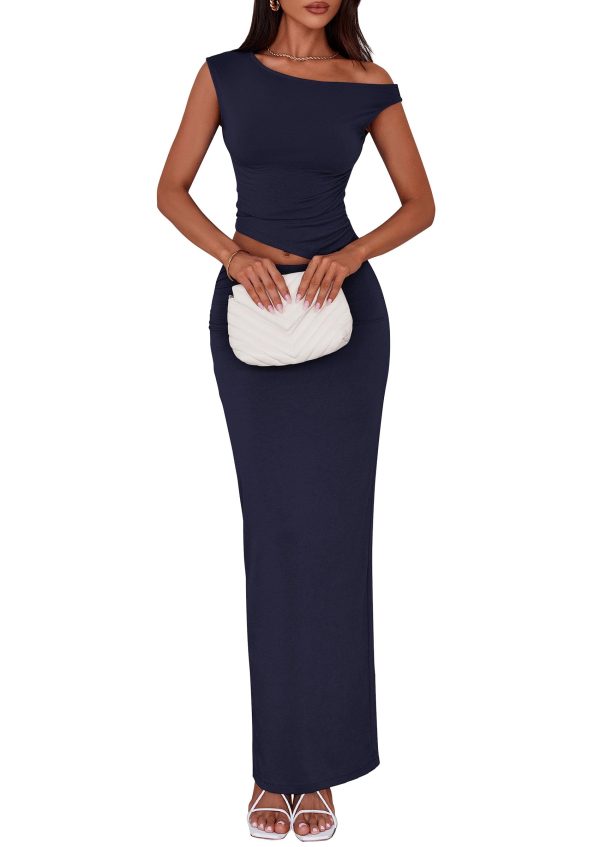 Maxi Skirt Sets Women 2 Piece Outfits Summer 2025 Spring One Shoulder Sleeveless Ruched Bodycon Long Skirts