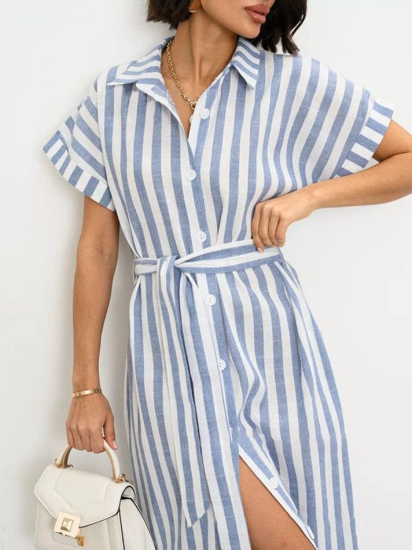 Women's Summer Short Sleeve Striped Shirt Dress Beach Maxi Long Belted Casual Button Down Dress