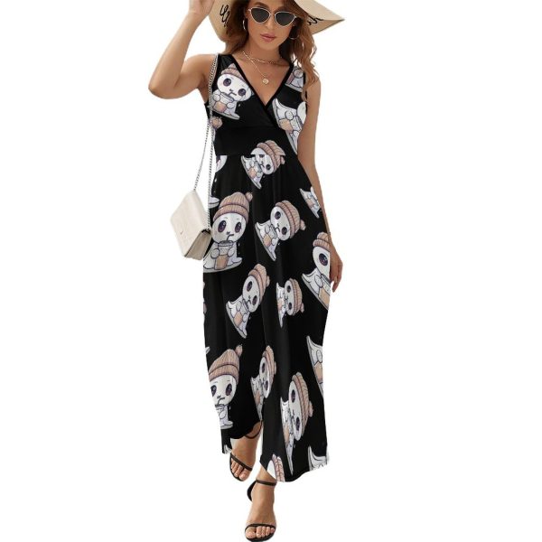 Cute Ghost Ice Coffee Halloween Womens Casual Sleeveless Dress Maxi Long Beach Dress Sundress