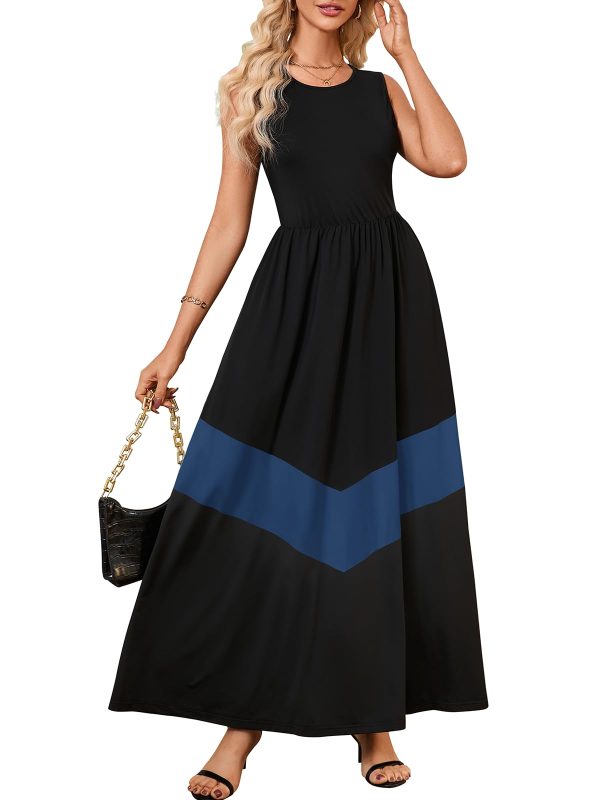 Women's Summer Colorblock Loose Tank Round Neck Dress Sleeveless Casual Holiday Flared Swing Beach Long Maxi Sundress