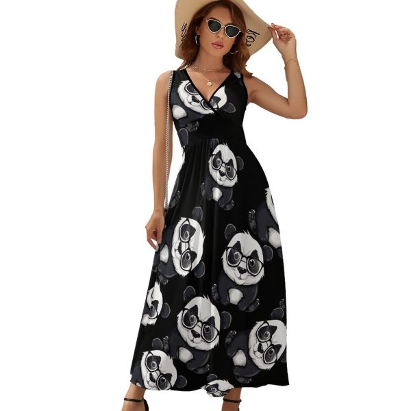 Cute Bear Panda Nerd with Glasses Womens Casual Sleeveless Dress Maxi Long Beach Dress Sundress