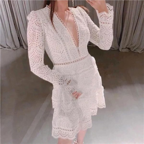 Women's Wedding Guest Dress Spring Lace V-Neck Bohemian Gown Hollow Long Sleeve Sexy White Party Dress(Short_Large)