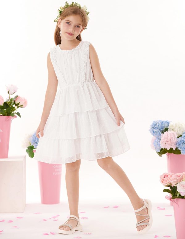 Girls Summer Sleeveless Ruffle Dress Swiss Dot Spring Sundress Flowing Tiered Layers Midi Casual Dress 5-12Y
