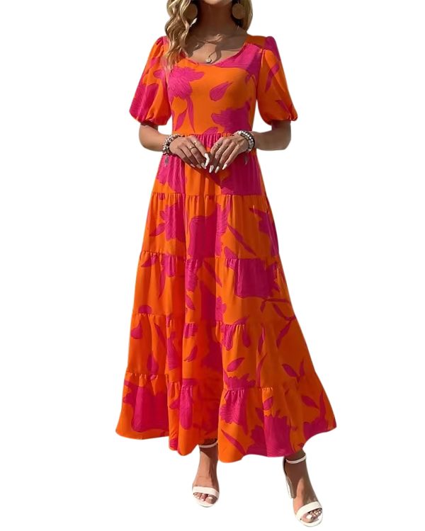 Casual Women Summer Dresses 2024 Puff Sleeve Floral Maxi Dresses Smocked Backless Flowy Tiered Beach Long Dress