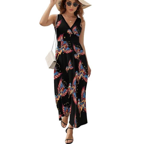 Goddess with USA Flag Wings Womens Casual Sleeveless Dress Maxi Long Beach Dress Sundress
