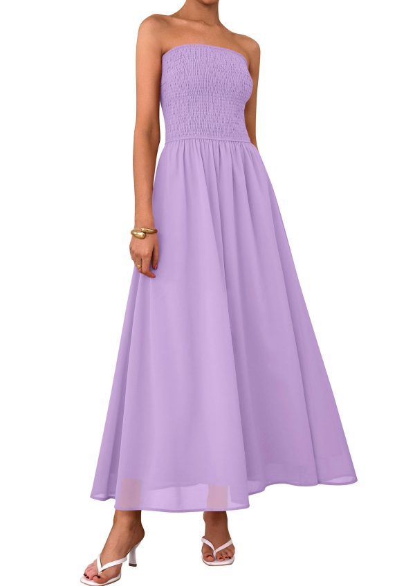 Women's Strapless Wedding Guest Maxi Dresses 2025 Summer Trendy Elegant Classy Smocked Tube Long Flowy Sundress