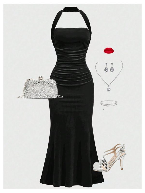 Girl's Velvet Halter Long Dress Elegant Sleeveless Bodycon Fishtail Dresses