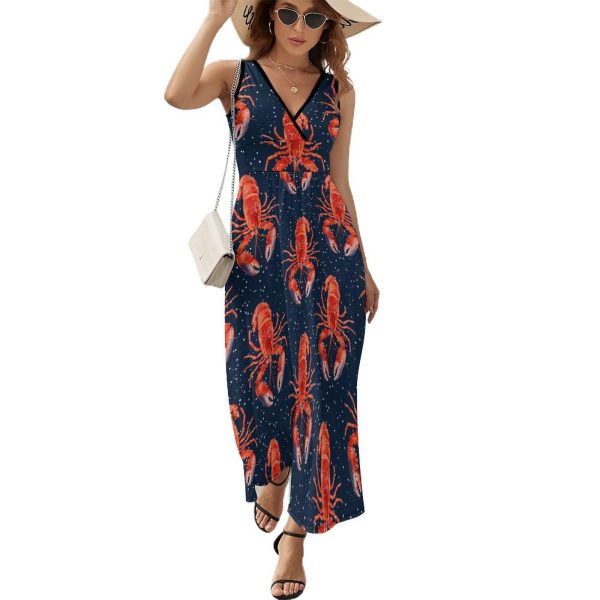 Red Lobster Printed Womens Casual Sleeveless Dress Maxi Long Beach Dress Sundress