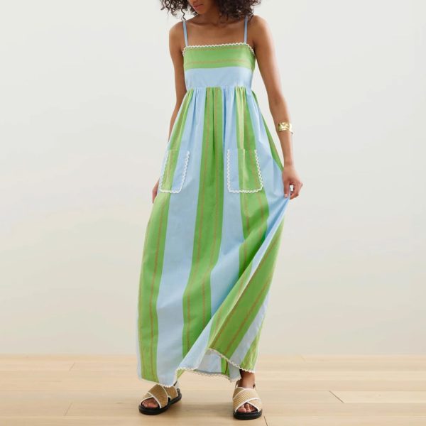 Women’s Striped Long Dress Summer Sleeveless Spaghetti Strap Front Pocket Dress Flowy Beach Sundress Clubwear