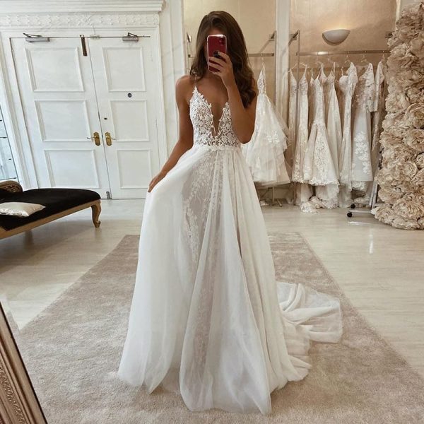 Boho Wedding Dresses for Bride with Slit Lace Appliques Long Sleeve Mermaid Bridal Dresses for Wedding 2025 DE08