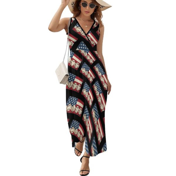 Vintage Baseball American Flag Womens Casual Sleeveless Dress Maxi Long Beach Dress Sundress