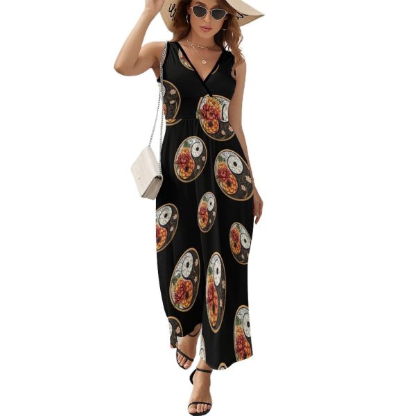 Mandala Yin Yang Flower Womens Casual Sleeveless Dress Maxi Long Beach Dress Sundress