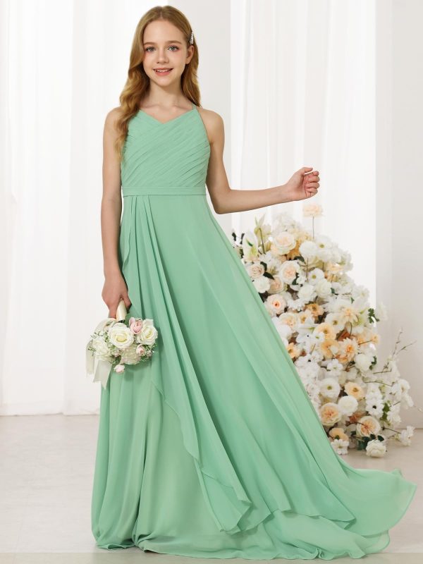 Girl's Flowing Chiffon Flower Girls Dresses Ruched Spaghetti Strap V-Neck Junior Girl Wedding Bridesmaid Dress