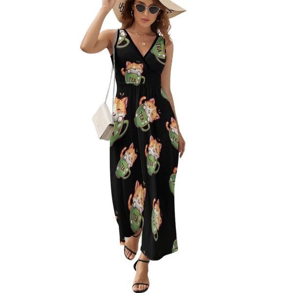 Cat Teacup Womens Casual Sleeveless Dress Maxi Long Beach Dress Sundress