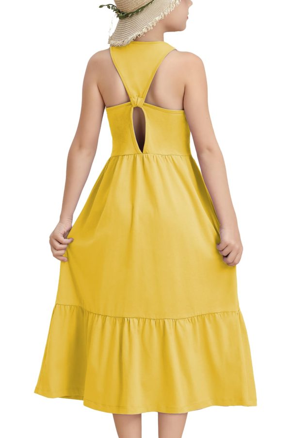 Girls Summer Maxi Dress Sleeveless Back Detailed Tiered Sundress with Pockets 5-12 Years
