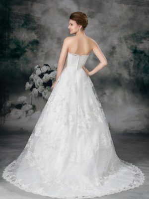 Ivory Elegant A-Line Strapless Floor-Length Chapel Lace Wedding Dresses