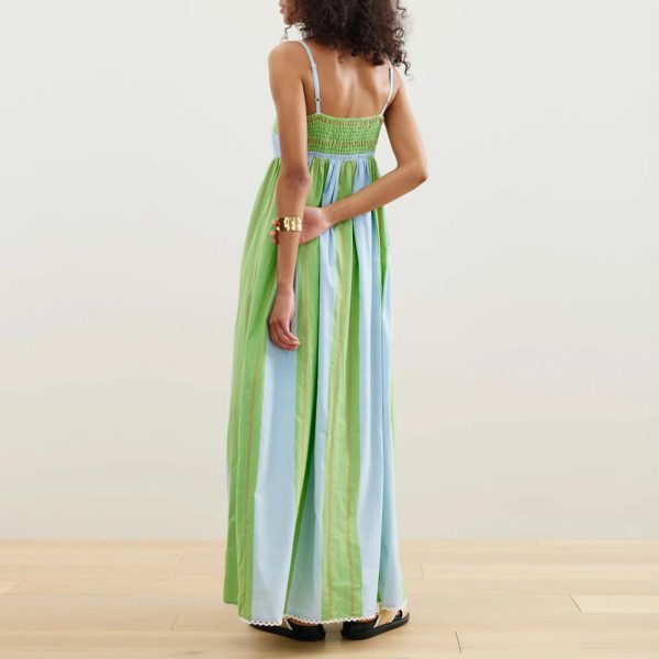 Women’s Striped Long Dress Summer Sleeveless Spaghetti Strap Front Pocket Dress Flowy Beach Sundress Clubwear
