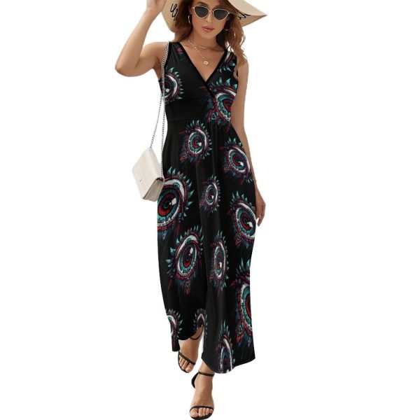 Goat Print Occult Eye Themes Devil Womens Casual Sleeveless Dress Maxi Long Beach Dress Sundress