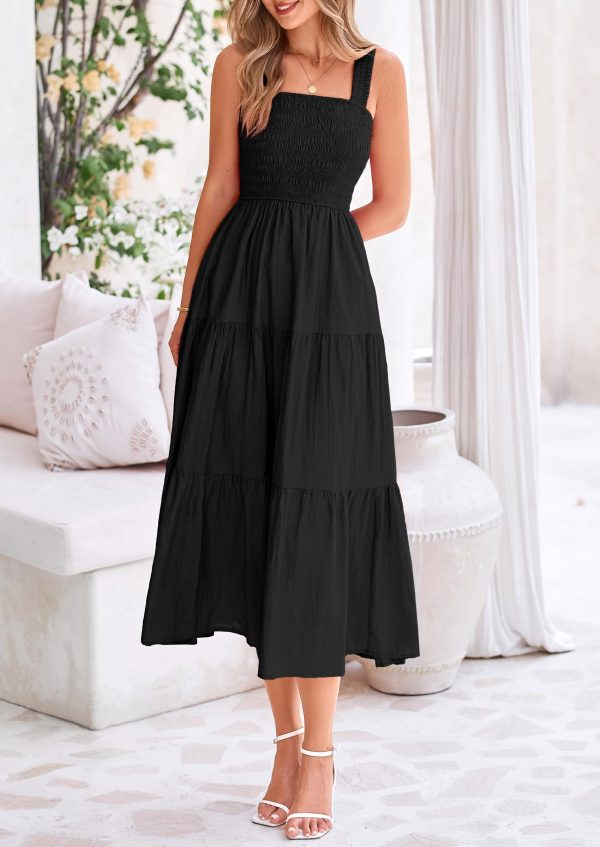 Midi Dress for Women 2025 Summer Smocked Ruffle A Line Long Flowy Dresses Cute Sleeveless Beach Sundress