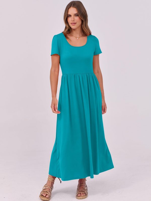 Women Summer Casual Maxi Dress Short Sleeve Square Neck High Waist Flowy A-Line Beach Long Dress with Pockets