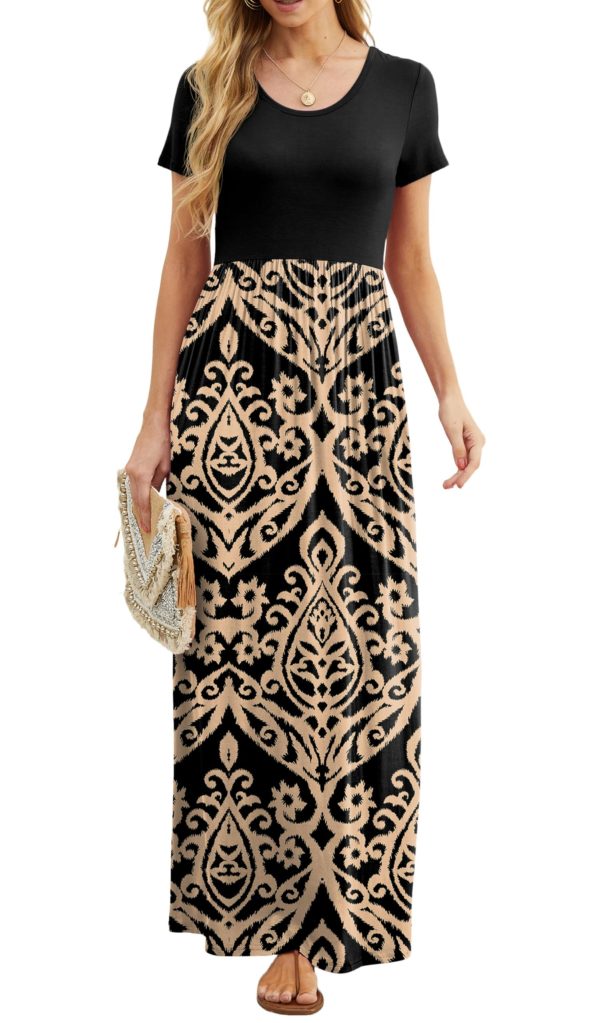 Women Summer Crew Neck Casual Short Sleeve Solid Floral Print Long Maxi Dress with Pockets